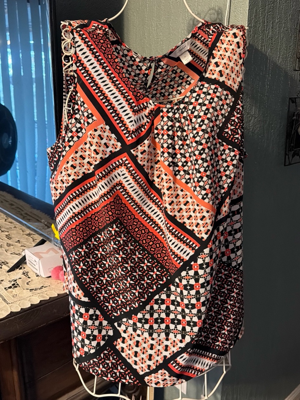 CJ Banks Sleeveless Geometric Print Camisole - Black & Coral